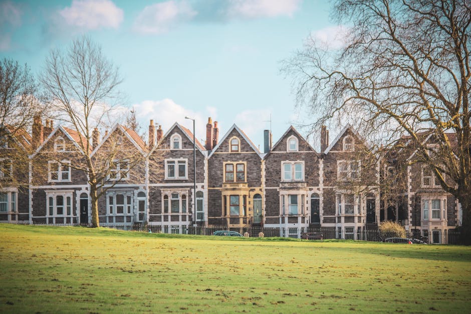 A row of Victorian-style terraced houses with dark brick facades, large front windows, and pitched roofs, situated behind a grassy park area with leafless trees. The houses feature light-colored window frames and some with decorative stonework around the windows and doors. The scene is taken during daylight with a clear blue sky and minimal clouds. The open green space in front provides a natural buffer, and parked cars are visible along the street. This residential area exemplifies typical house architecture, often connected with home relocations or property moves, supported by professional removals services like Man and Van Belsize Park, who specialise in furniture transport and packing during house moves.